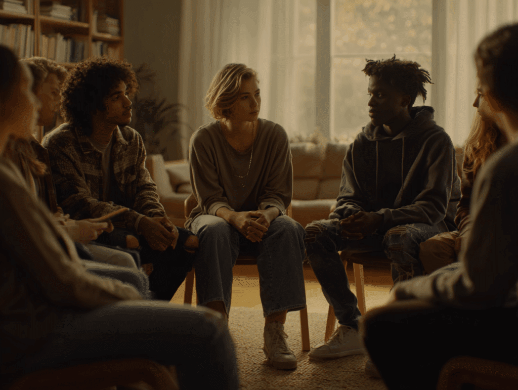 A diverse group of teenagers and a therapist sit in a supportive circle during a counseling session, representing trauma-informed court-involved youth mental health care.