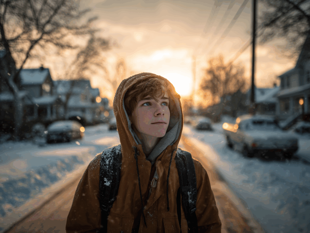 Teenager walking home during sunrise in a snowy Ohio neighborhood, symbolizing fresh start after involvement in the juvenile justice system.
