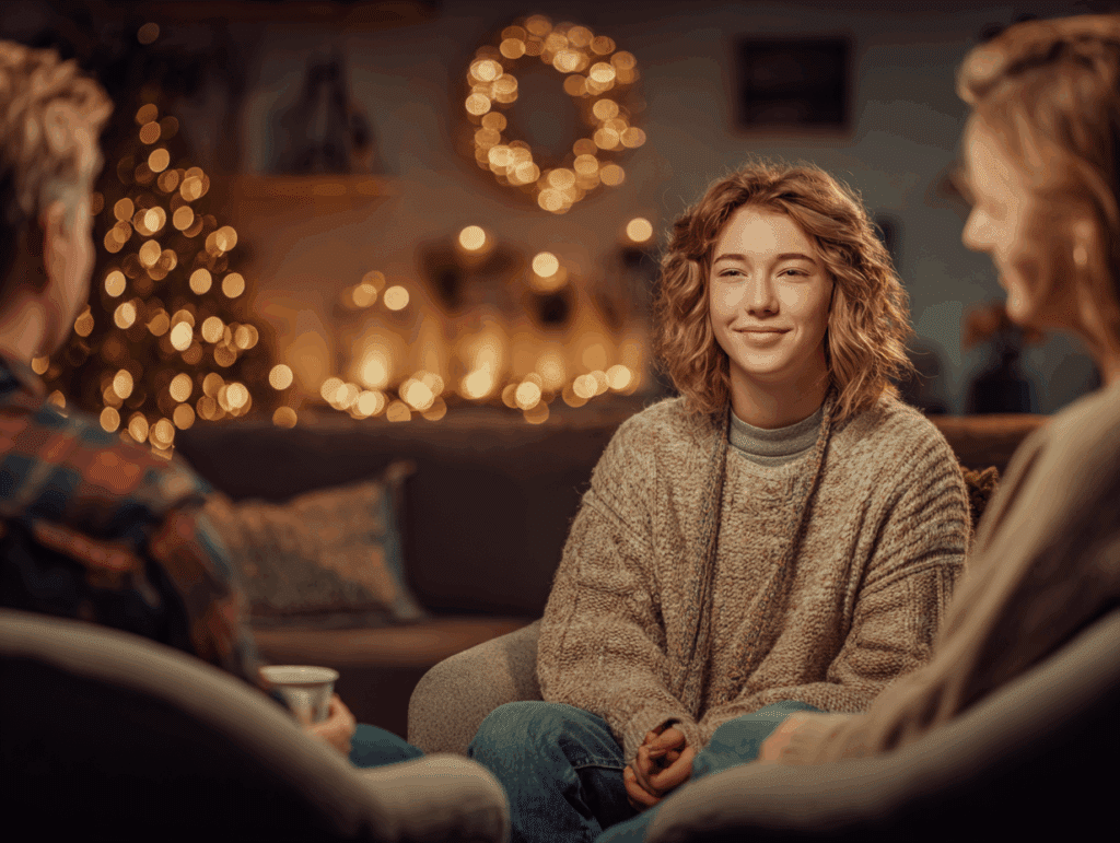 A diverse teen and parent family sitting with a counselor in a warmly lit room decorated for the holidays, symbolizing holiday support for families and teens during a mental health session.